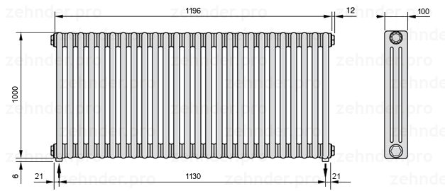 Схема (чертеж) Радиатор Zehnder Charleston 3100/26 №3570 Белый глянцевый RAL 9016